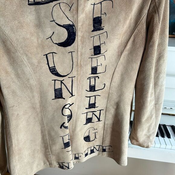 Danier Tan Leather Jacket with Floral Design Hand Drawn Small - Picture 14 of 16